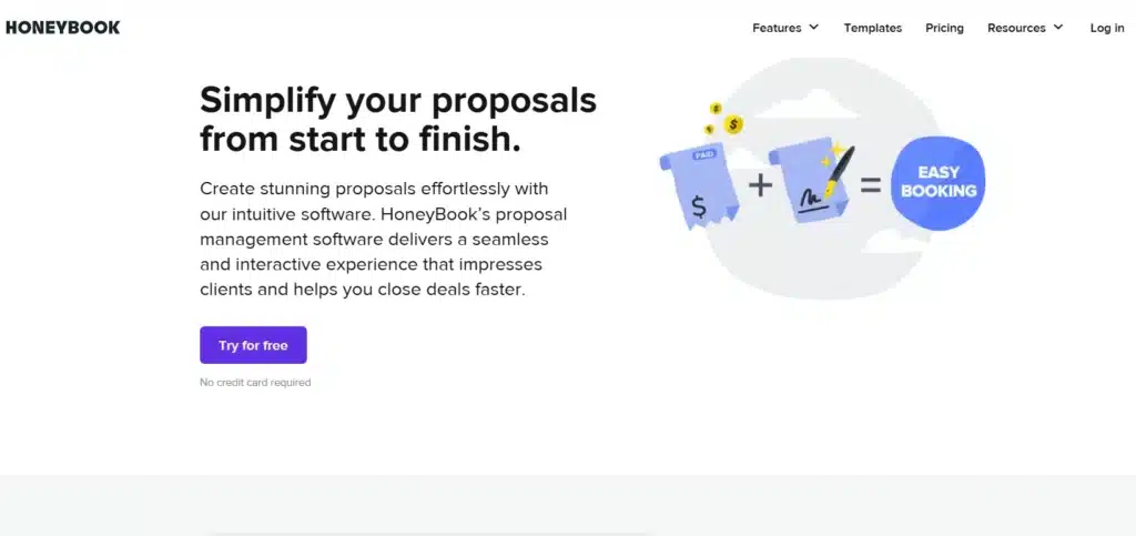 Pagina de destinație pentru propuneri HoneyBook